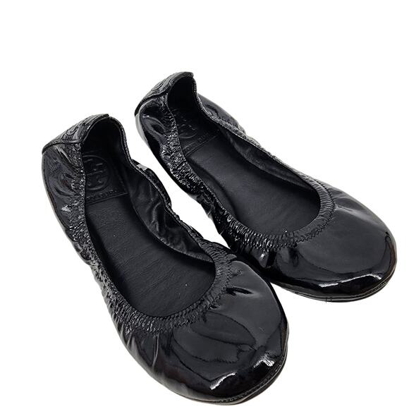Tory Burch Eddie Black Patent Naplak Ballet Flat Cushion Leather Shoes Size 5.5 - Picture 1 of 7